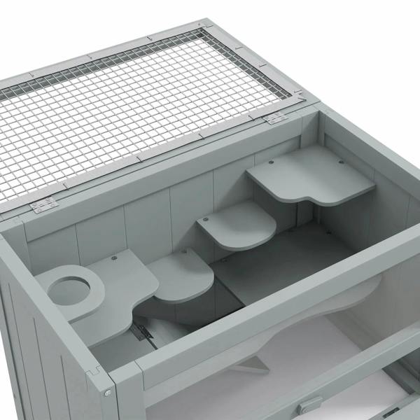Grey hamster cage interior with mesh lid, curved platforms and open side access