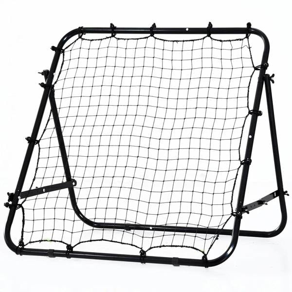 Black rebounder kickback net target with square frame and elastic ball-cord anchors