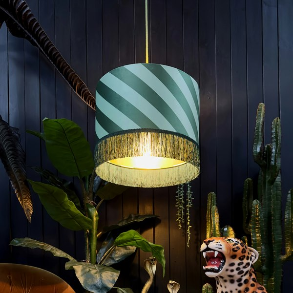 love frankie Helter Skelter lampshade with gold lining and fringing in apple sours