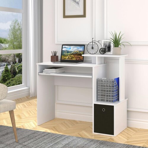 Wyld Haus Tono 100cm Wooden White Home Office Desk With Sliding Keyboard Tray Drawer And Shelving