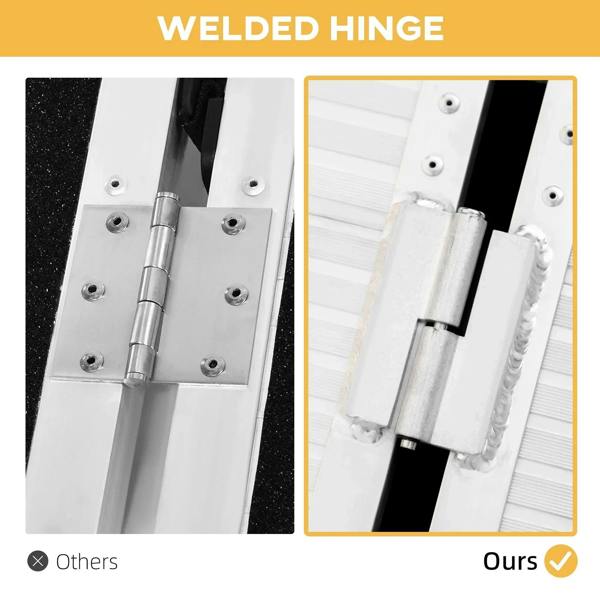 Aluminum folding ramp hinge detail with welded joints and safety pin, silver