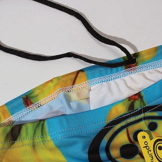 Optimum Tackle Trunks swim brief, close-up of black drawstring and white lining on banana blue print - Optimum