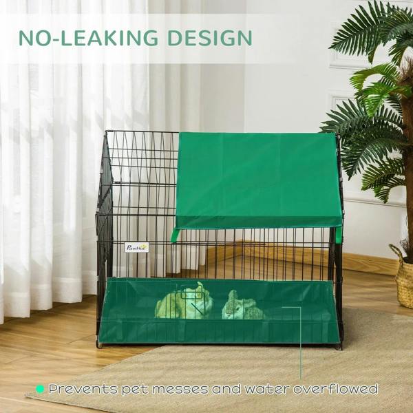 Small animal playpen cage with green waterproof roof cover, black wire walls, black bottom