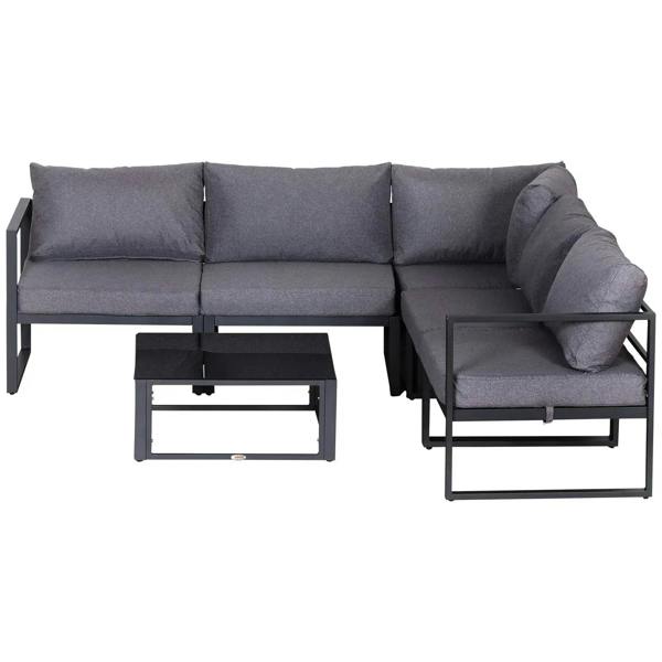 Grey corner sectional sofa with thick seat cushions, throw pillows, and black coffee table