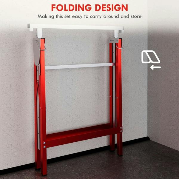 Folding red and gray sawhorse set with compact frame design for easy storage