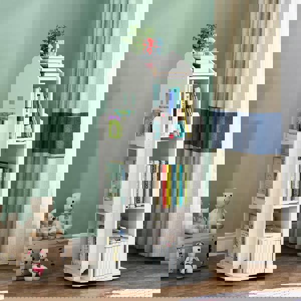 Living and Home House Frame Rotating Bookshelf Storage Rack - White