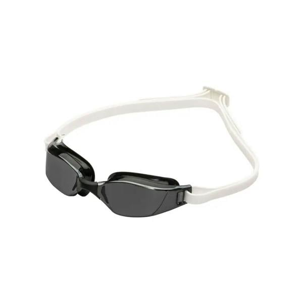 Sleek black and white Aqua Sphere Xceed swim goggles with tinted lens