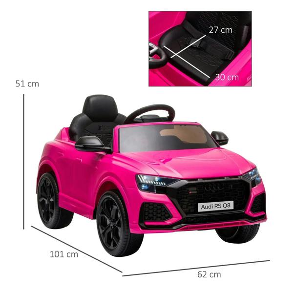 Pink kids electric ride-on car with seat and size measurements diagram