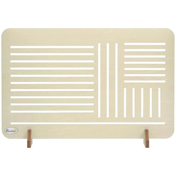 Freestanding pet gate with natural wood frame, horizontal slat barrier and two feet
