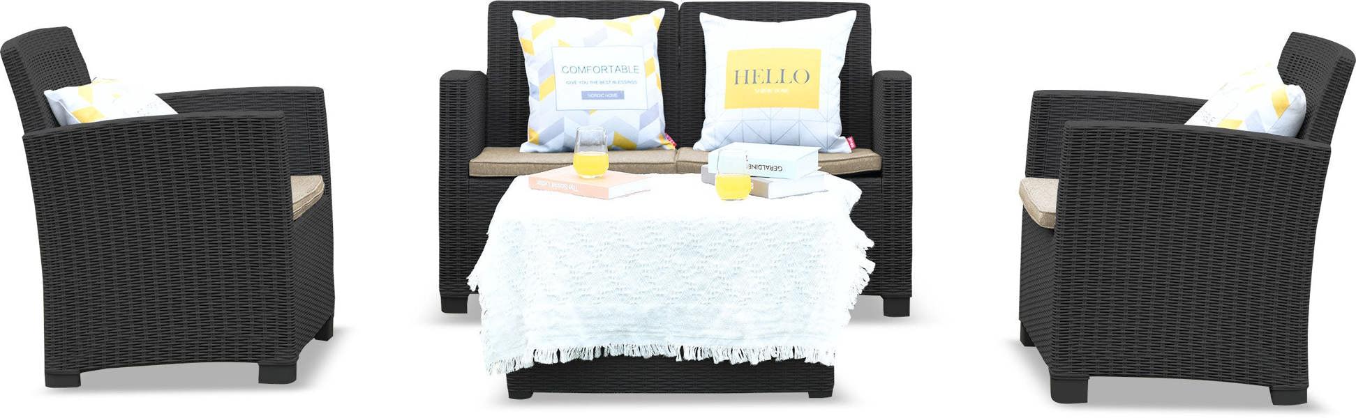 Homeology SANTANA 4 Piece PE Rattan 4-Seater with Cushions Garden Furniture and Coffee Table Set in Black