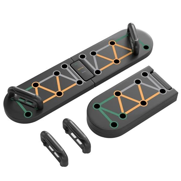 Foldable push-up board in black with non-slip pads and hand grip handles