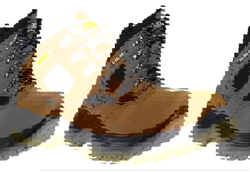 DeWalt Challenger Mens Waterproof Safety S3 Steel Toe Work Boots, Tan leather and black fabric work boots with steel toe cap and rugged slip-resistant sole.