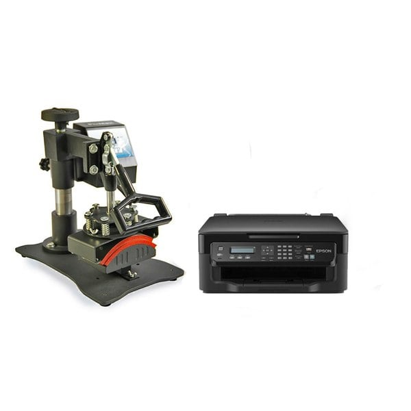 PixMax Cap Heat Press with adjustable clamp and Epson printer, featuring a sleek black design and durable metal construction