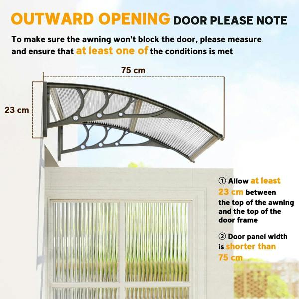 Clear arched door awning with outward-opening design and ridged 75 cm panel