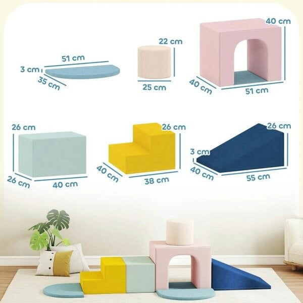 8-Piece Foam Play Blocks for Kids, Soft Motor Skill Blocks with Washable Velvet Covers, Indoor Climbing Set, Multicolor