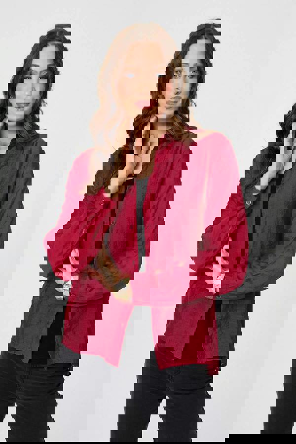 Burgundy | Long Sleeve Button Front Shirt  : Model is 5'9"/175 cm and wears UK8/EU36/US4/AUS8