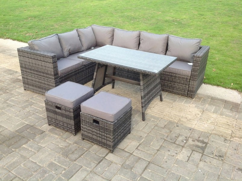 Fimous Dark Mixed Grey Rattan Garden Outdoor Corner Sofa Set 8 Seater Rectangular Dining Table Small Footstools