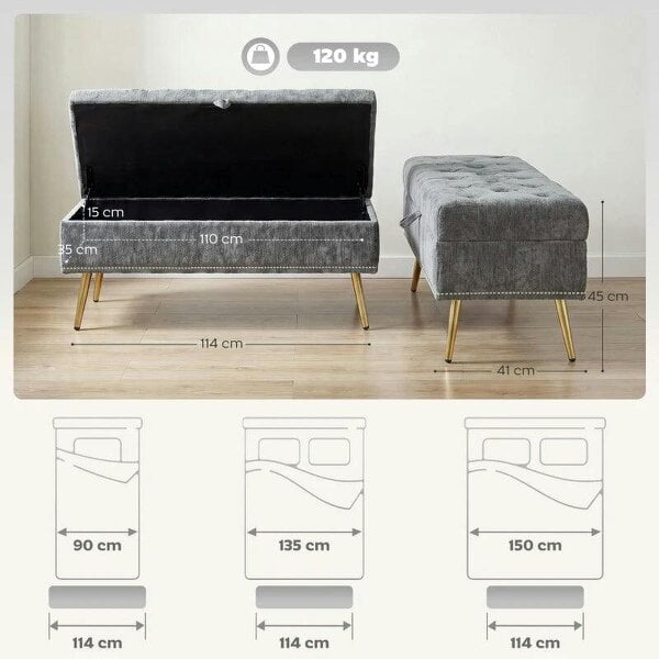 Storage Ottoman, Chenille Upholstered Ottoman Storage Box with Padded Seat, Metal Legs, 114 x 41 x 45 cm, Grey