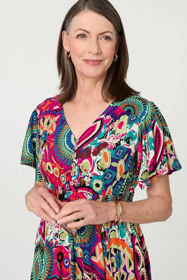 Pink | Abstract Print V-Neck Knee Length Dress
