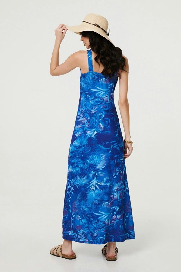 Blue | Tropical Print Strap Empire Maxi Dress
