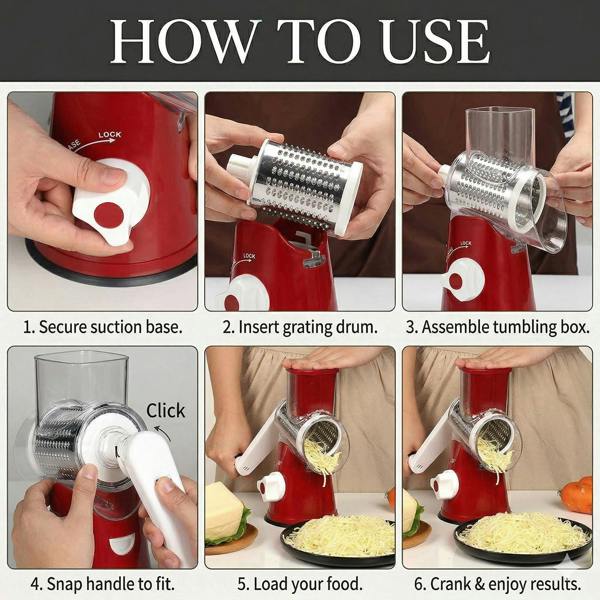 Dragodirect 3 in 1 Cheese Grater Rotary Shredder with Handle Kitchen Tool