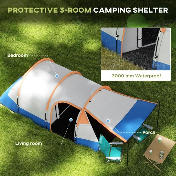Orange, blue and gray 3-room tunnel camping shelter with porch and door openings