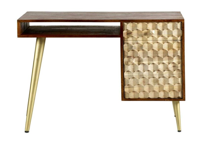 Wyld Haus Beijing Mango Wood Desk 1 Drawer 1 Door Gold Geometric Pattern