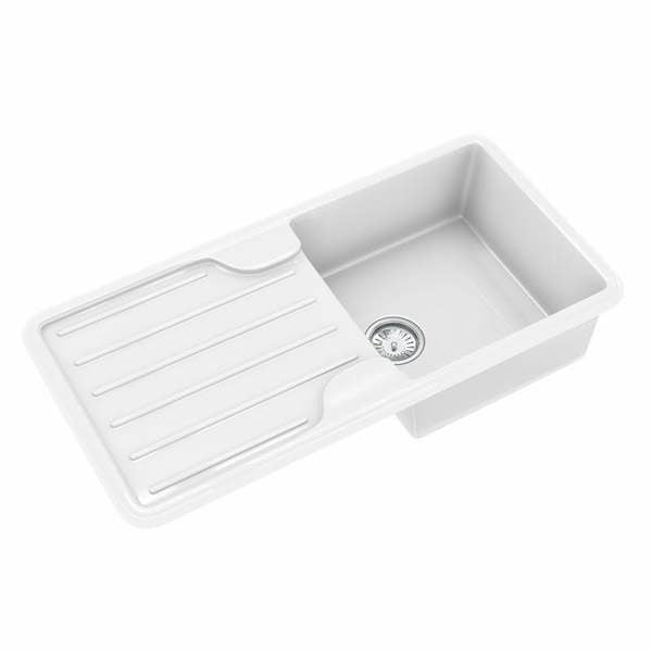 Flode Traditional Gloss White Comite Single Bowl Kitchen Inset Sink & Drainer | 1000 x 500mm | Supplied with Chrome Basket Strainer Waste