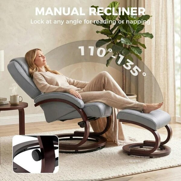 Swivel Recliner Chair with Footstool, PU Leather Recliner Armchair with Adjustable Back and Wood Frame, Grey
