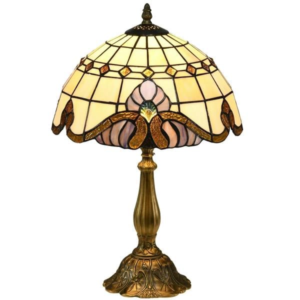 Multi-color stained glass table lamp with scalloped floral shade and ornate brass base