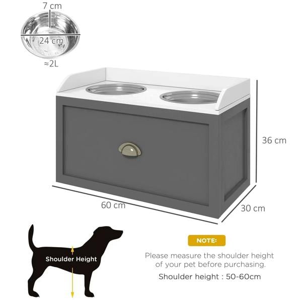 Grey raised dog feeding station with two stainless steel bowls and size dimensions shown.