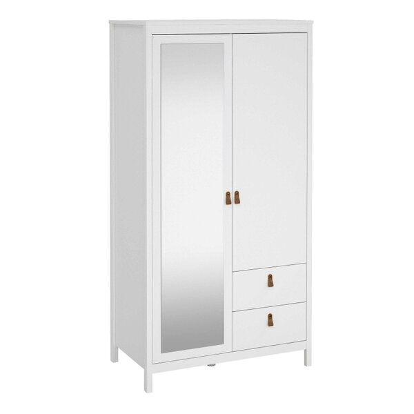 Wyld Haus Wildberry Matt White Wooden Mirror Wardrobe 2 Doors 2 Drawers Leather Handles
