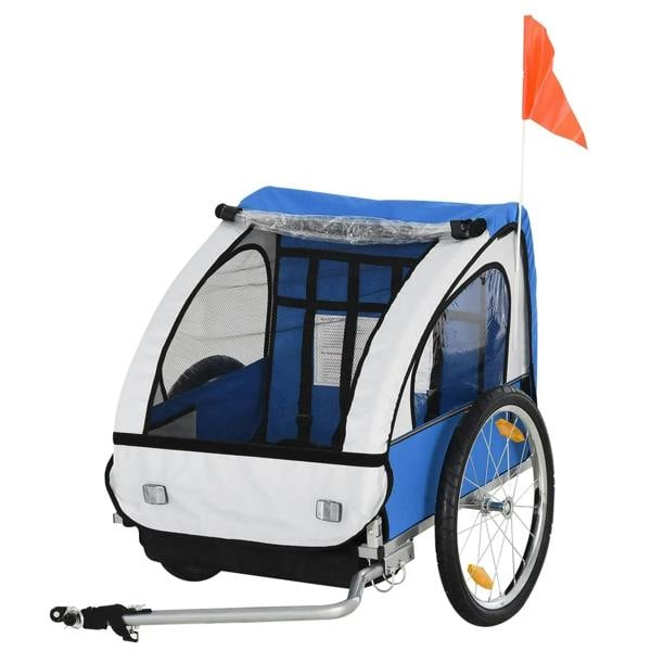 Blue and white two-seat bike trailer wagon with mesh windows and safety harness