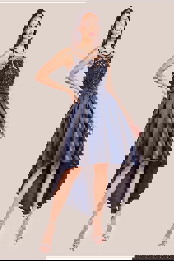 Sequin & Satin Dipped Hem Midi Dress - Black DR3621