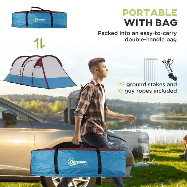 Portable tunnel camping tent with carry bag; red-and-blue tent body.