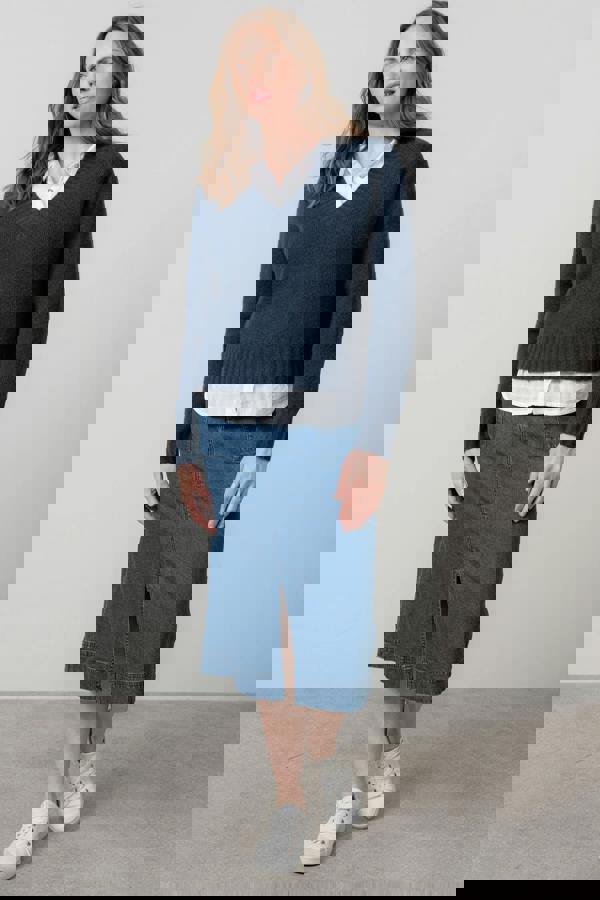 Lily & Me Woodchester V-Neck Boxy Knit Jumper Navy