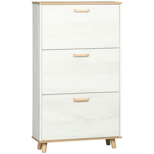 Cream white narrow shoe cabinet with three flip drawers and light wood top