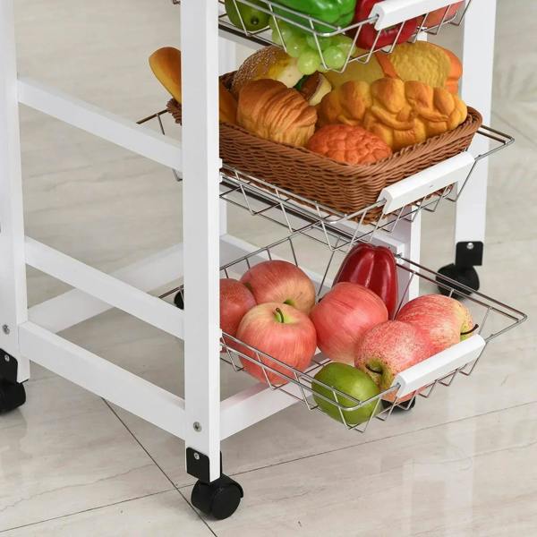 White kitchen cart trolley showing wire baskets filled with assorted bread and produce
