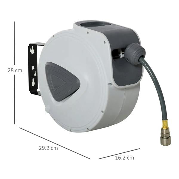 White retractable air hose reel with mounting bracket and coiled hose, front and side view
