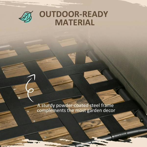 Outdoor seating detail with black metal frame and textured mesh pocket-style back panel