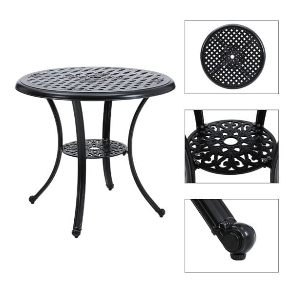 Black Cast Aluminum Round Patio Dining Table with Umbrella Hole Garden Dining Tables Living and Home