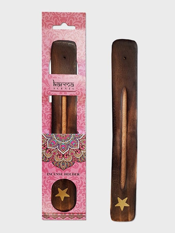 Namaste Karma Scents Brass Inlay Mango Wood Incense Ash Catcher Holder - Star