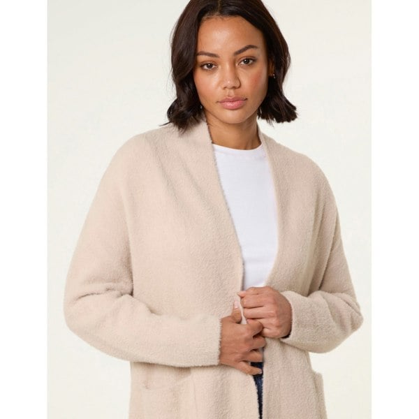 Blue Vanilla Fluffy Fleece Open Midi Cardigan - Beige