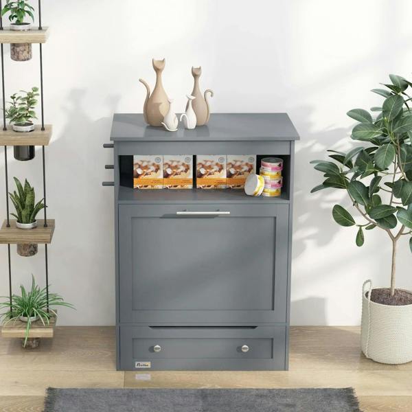 Grey pet feeder cabinet with top storage shelf and closed front panel
