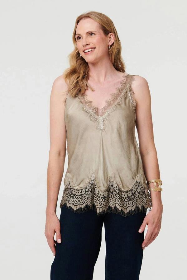 Taupe | Lace Trim Sleeveless Cami Vest Top