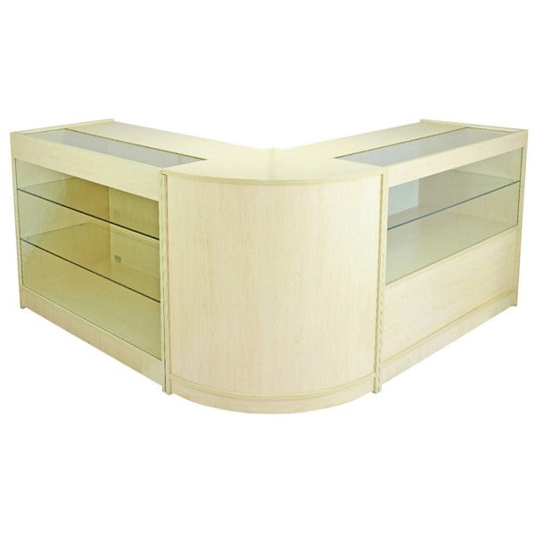 Light maple wood retail display set with glass top and shelves, featuring a modern, curved design for shop counters