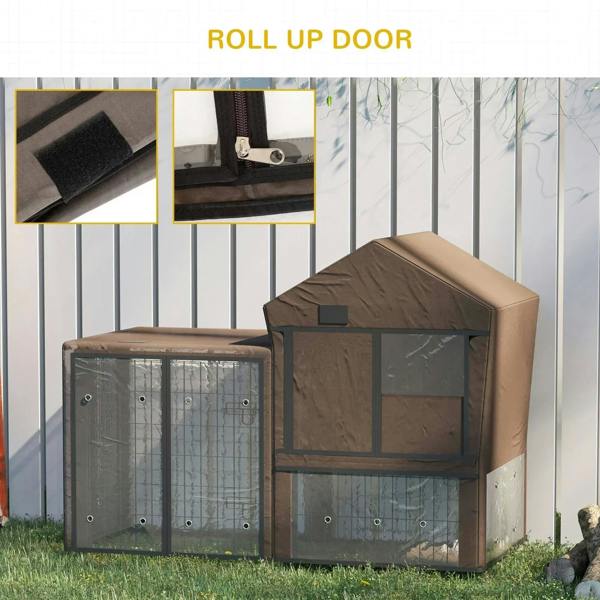 Brown pet cage cover with roll-up door and clear mesh window panels for rabbits