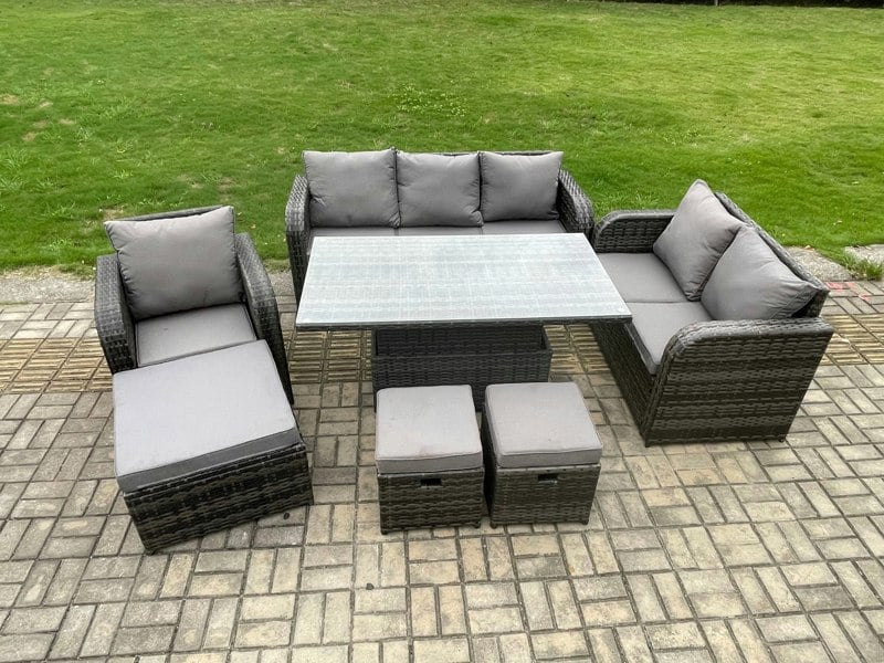 Fimous Rattan Outdoor Furniture Garden Dining Set Patio Height Adjustable Rising lifting Table Reclining Chair Sofa With 3 Footstools Dark Grey Mixed