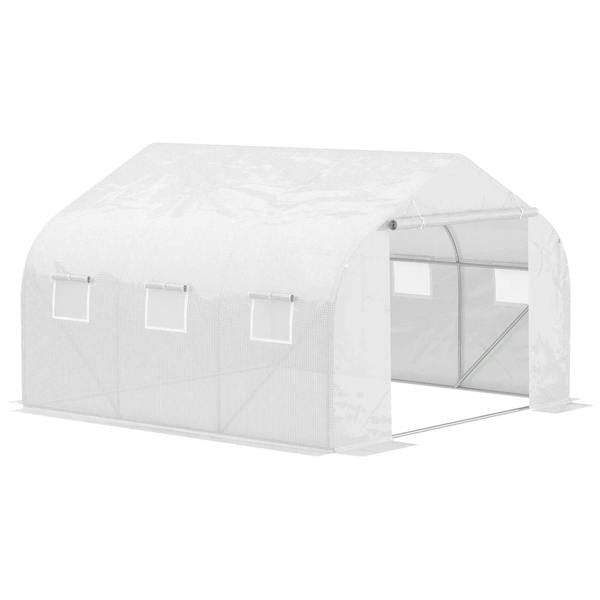 White walk-in polytunnel greenhouse with door and two window panels