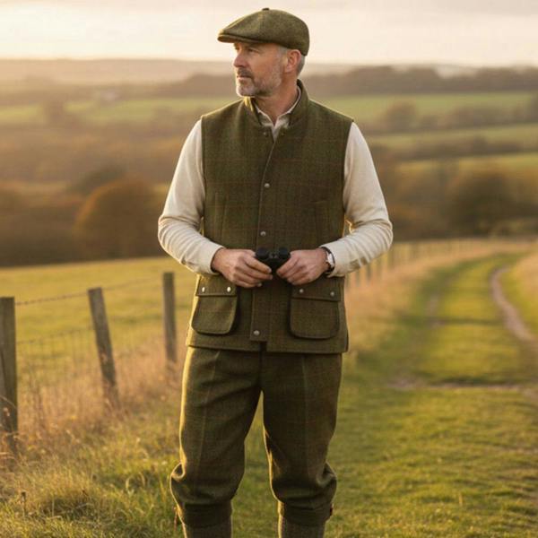 Game Ascot Men's Derby Tweed Gilet worn with matching tweed breeks in a countryside setting, traditional men's shooting clothing.